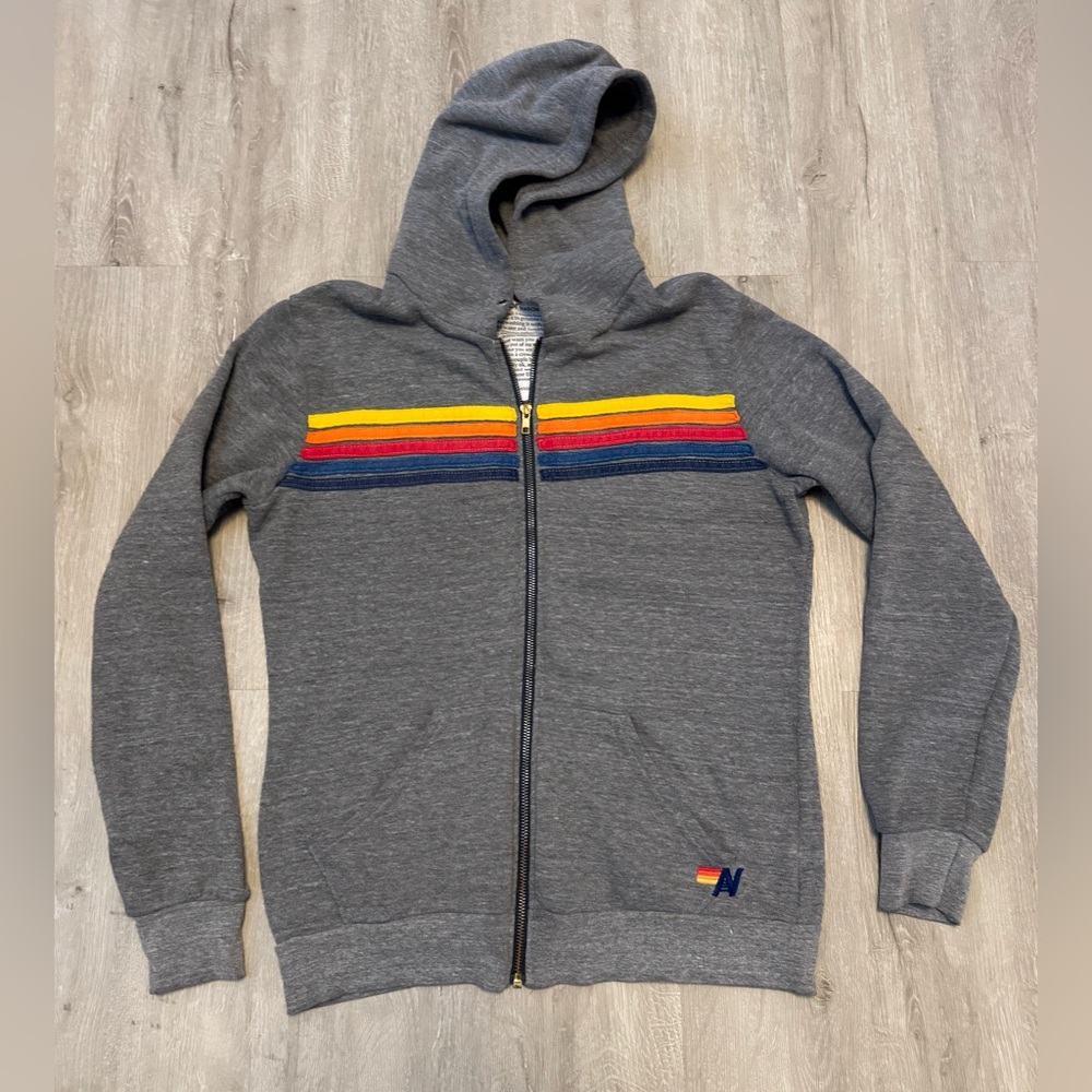 Aviator Nation Gray Hoodie with Rainbow Stripes